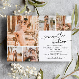 Schwarz-weißes modernes Drehbuch 6 Fotos Hochzeit Einladung