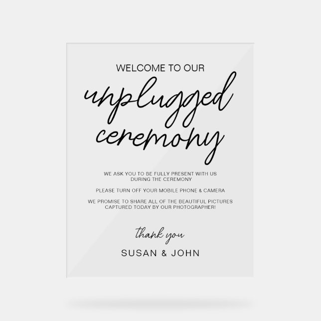 Schwarz-weißes modernes unplugged Hochzeitsschild Acrylschild (Vorderseite)