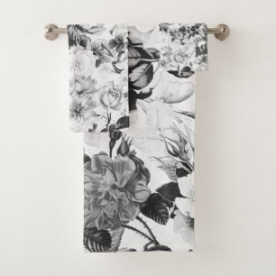 Schwarz-weißes modernes Watercolorland mit Blumen Badhandtuch Set