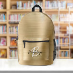 Schwarz-weißes Monogramm aus goldgegossenem Metall Bedruckter Rucksack<br><div class="desc">Dieser personalisierte Rucksack ist mit einem Monogramm und einem Vornamen in modernem Schwarz-Weiß-Drehbuch auf einem eleganten vergoldeten Imitat aus gebürstetem Metall ausgestattet.</div>