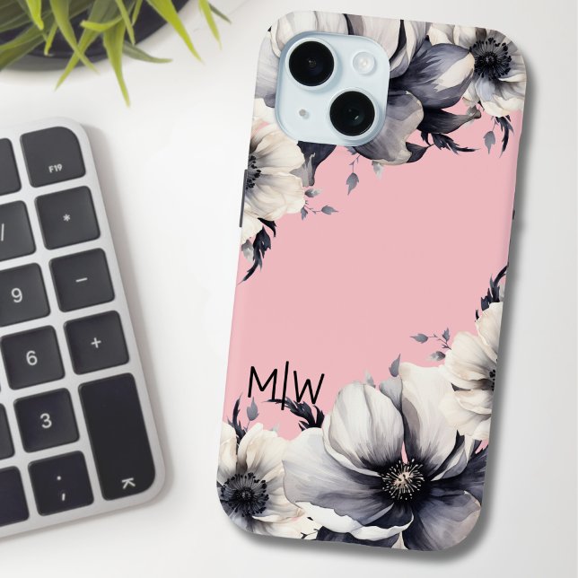 Schwarz-weißes Monogramm Case-Mate iPhone Hülle (Elegant Modern Floral Pink Black White Monogram Case-Mate iPhone Case)