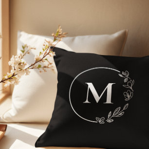Schwarz-weißes Monogramm Floral personalisiert Kissen