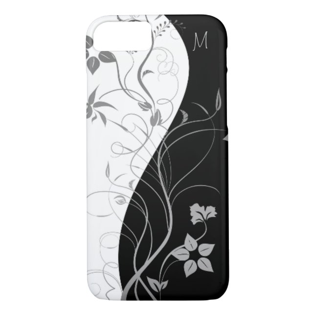 Schwarz-weißes Monogramm-modernes Blumen Case-Mate iPhone Hülle (Rückseite)