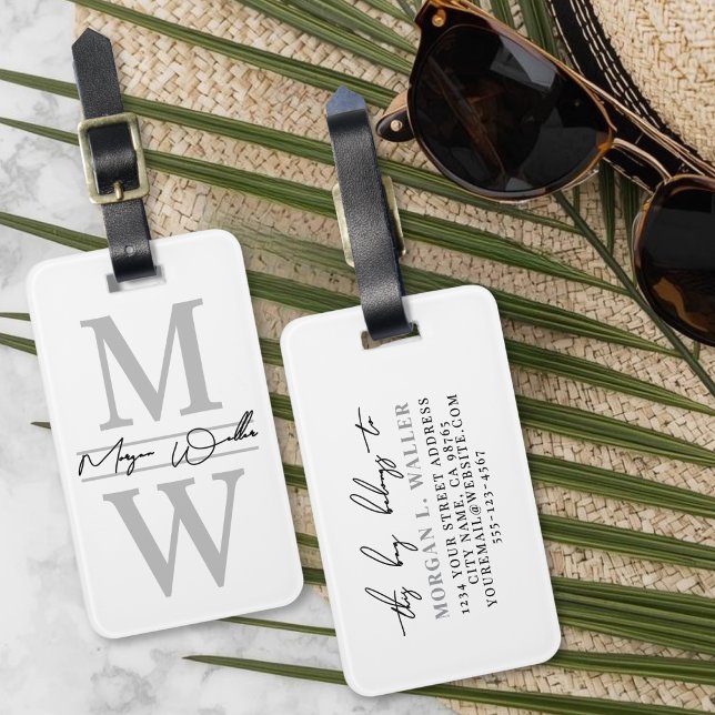 Schwarz-weißes Monogramm Name Gepäckanhänger (Black White Monogram Name Luggage Tag)