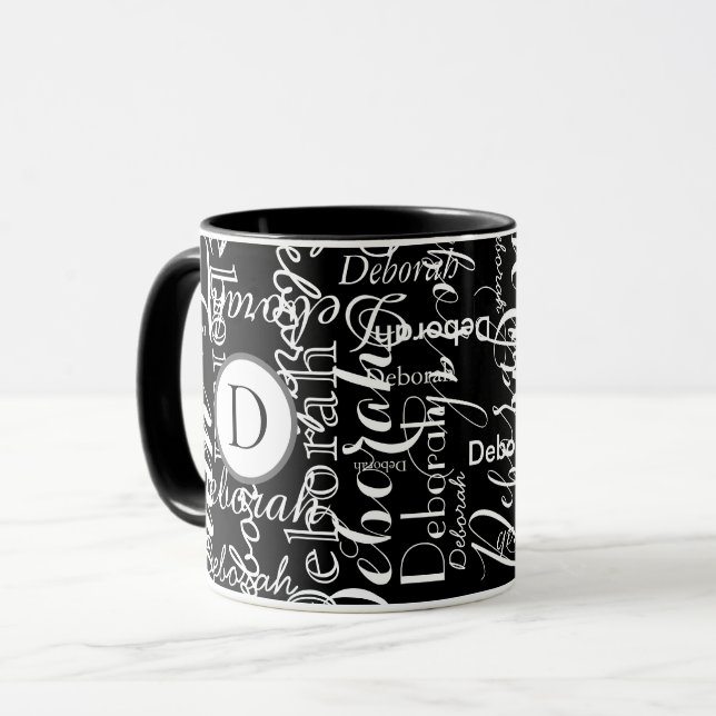 Schwarz-weißes Namensmuster mit Monogramm Tasse (Vorderseite Links)