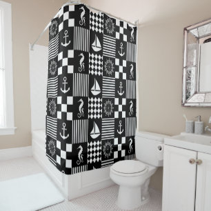 Schwarz-weißes nautisches Patchwork-Muster Duschvorhang