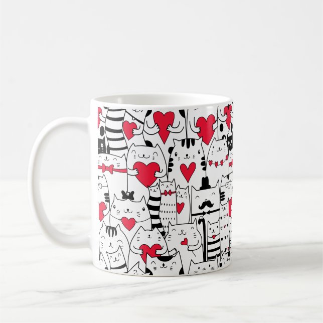 Schwarz-weißes Niedliches Katzen Rotes Herz Kaffeetasse (Links)