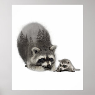 Schwarz-weißes Niedliches Raccoon mit Baby Poster