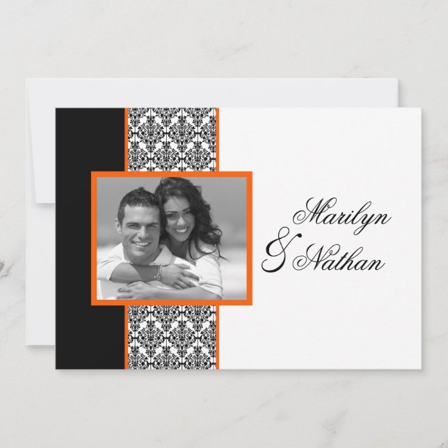 Schwarz-weißes Orange Damask Foto Hochzeitsempfang Einladung (Vorderseite)