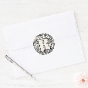 Schwarz-weißes Paisley-Monogramm Runder Aufkleber