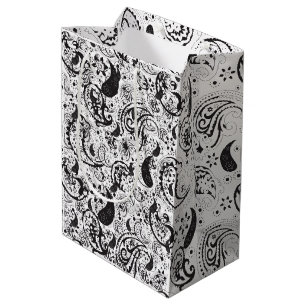 Schwarz-weißes Paisley-Muster – Elegante Textilkun Mittlere Geschenktüte