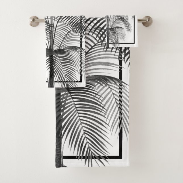 Schwarz-weißes Palm Tree Monogram Tropical Elegant Badhandtuch Set (Insitu)