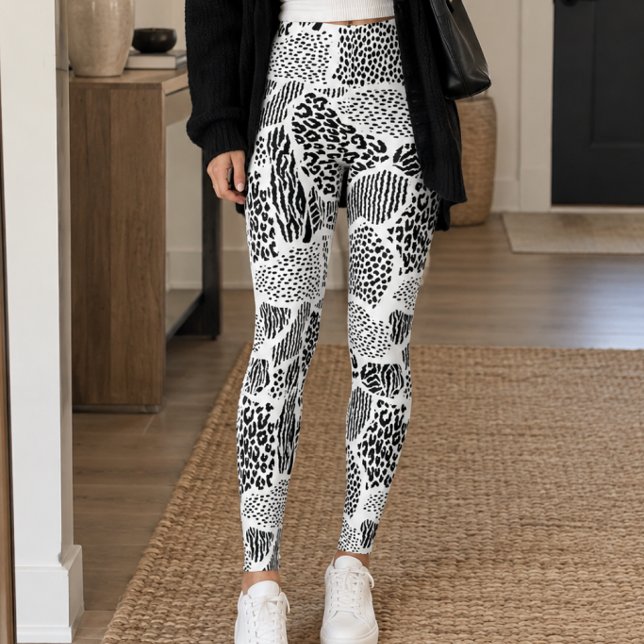 Schwarz-weißes Patchwork-Tiermuster Leggings (Von Creator hochgeladen)