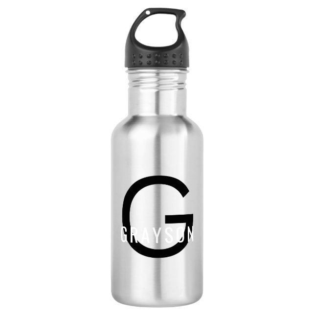 Schwarz-weißes personalisiert-Minimal-Monogramm Edelstahlflasche (Vorderseite)