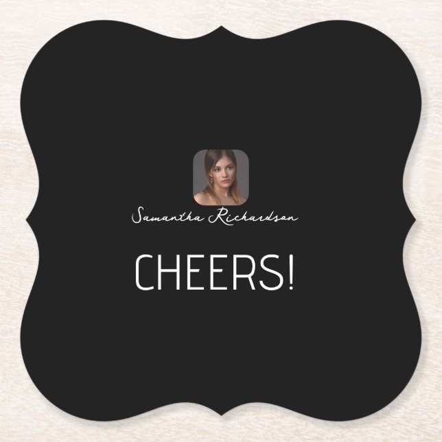 Schwarz-weißes Personalisiertes Foto Name Script Untersetzer (Vorderseite)