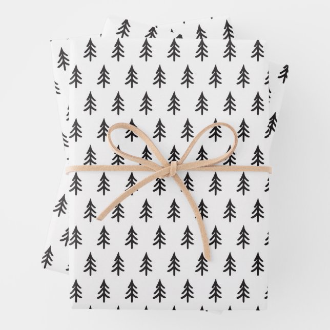 Schwarz-weißes Pine Tree Weihnachtswrapping Papier (Beispiel)
