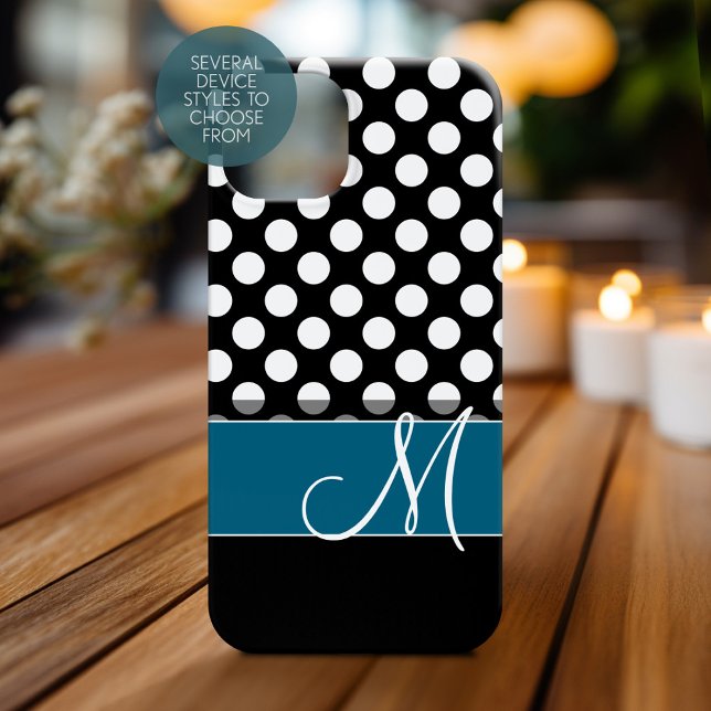 Schwarz-weißes Polka Dot Muster Blaues Monogramm Case-Mate iPhone Hülle (Personalized Phone Case with Monogram)