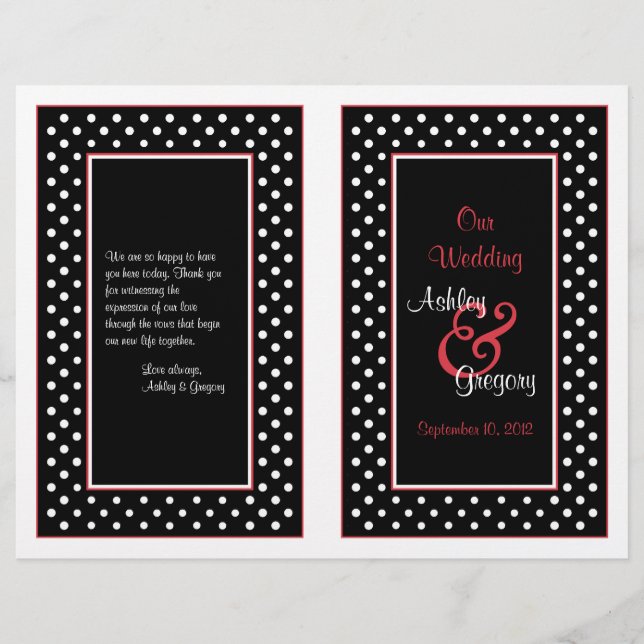 Schwarz-weißes Polka Dot Red Trim Wedding Programm (Vorderseite)