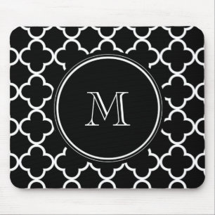 Schwarz-weißes Quatrefoil Muster, Ihr Monogramm Mousepad
