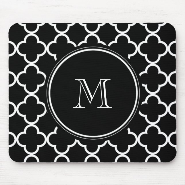 Schwarz-weißes Quatrefoil Muster, Ihr Monogramm Mousepad (Vorne)