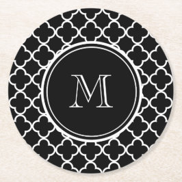 Schwarz-weißes Quatrefoil Muster, Ihr Monogramm Runder Pappuntersetzer