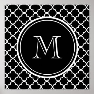 Schwarz-weißes Quatrefolienmuster, Ihr Monogramm Poster