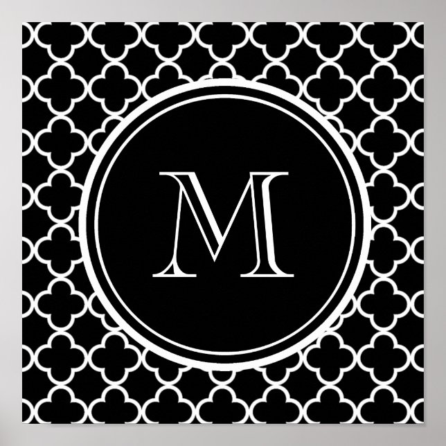 Schwarz-weißes Quatrefolienmuster, Ihr Monogramm Poster (Vorne)