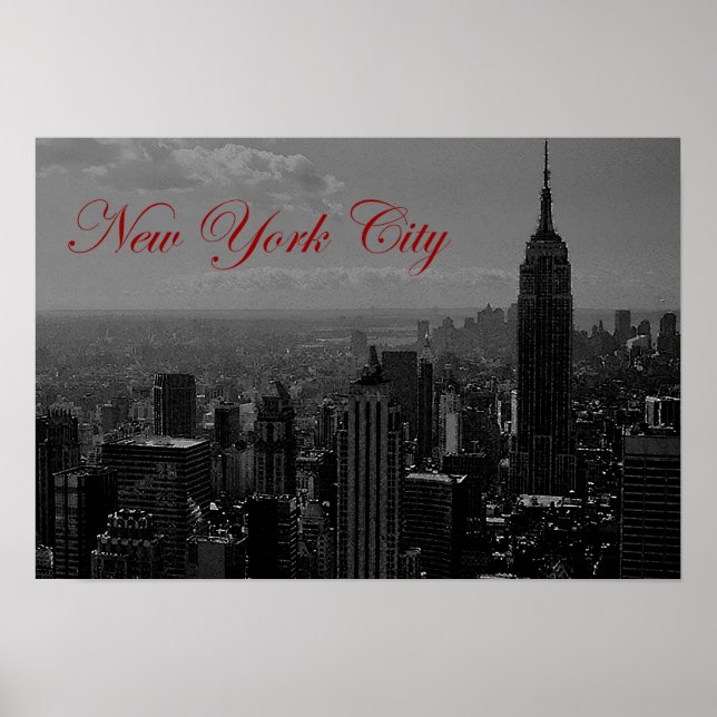 Schwarz-weißes Red Calligraphy New York City Poste Poster (Vorne)