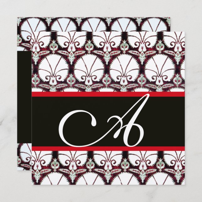 SCHWARZ-WEISSES RED DAMASK CARNATIONS MONOGRAMM Si Einladung (Vorne/Hinten)