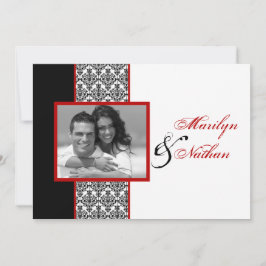 Schwarz-weißes Red Damask Foto Hochzeit Einladung