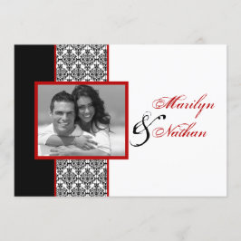 Schwarz-weißes Red Damask Foto Hochzeit Einladung