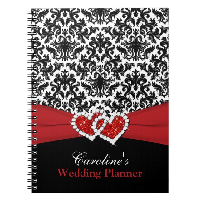 Schwarz-weißes Red Damask Wedding Planner Notebook Notizblock (Vorderseite)