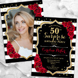 Schwarz-weißes Rotes Foto Überraschung 50. Geburts Einladung<br><div class="desc">Elegante florale feminine Überraschung 50. Geburtstagseinladung mit Ihrem Foto auf der Kartenrückseite. Glam Schwarz-weiß rotes Design mit Imitaten Glitzer Gold. Enthält schwarz-weiße Streifen, rote Rosen, Skript-Schriftart und Konfetti. Ideal für ein stilvolles Party für Erwachsene. Personalisieren Sie Ihre persönlichen Daten. Kann für jedes Alter angepasst werden! Gedruckte Zazzle Einladungen oder Sofortdownload...</div>