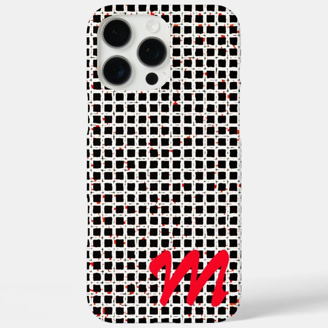 Schwarz-weißes rotes Monogramm-Muster anpassbar Case-Mate iPhone Hülle (Rückseite)