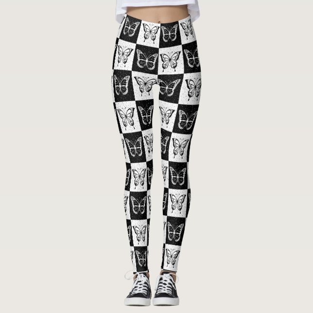 Schwarz-weißes Schmetterlingsdesign Leggings (Vorderseite)
