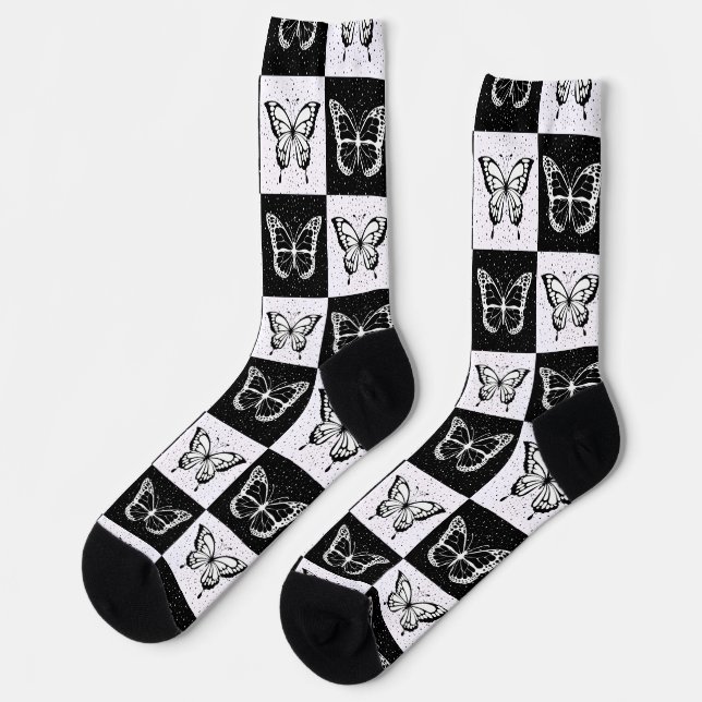 Schwarz-weißes Schmetterlingsdesign Socken (Linkes Detail)