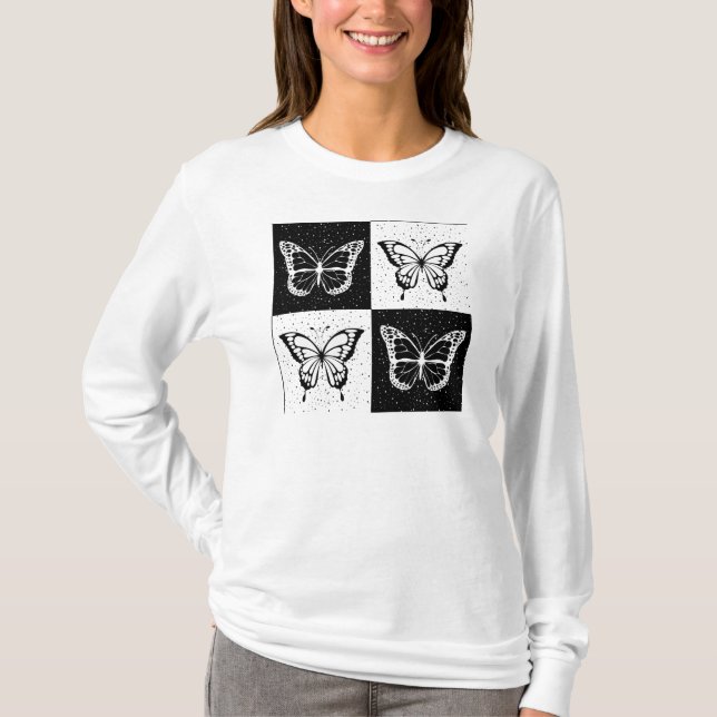 Schwarz-weißes Schmetterlingsdesign T-Shirt (Vorderseite)