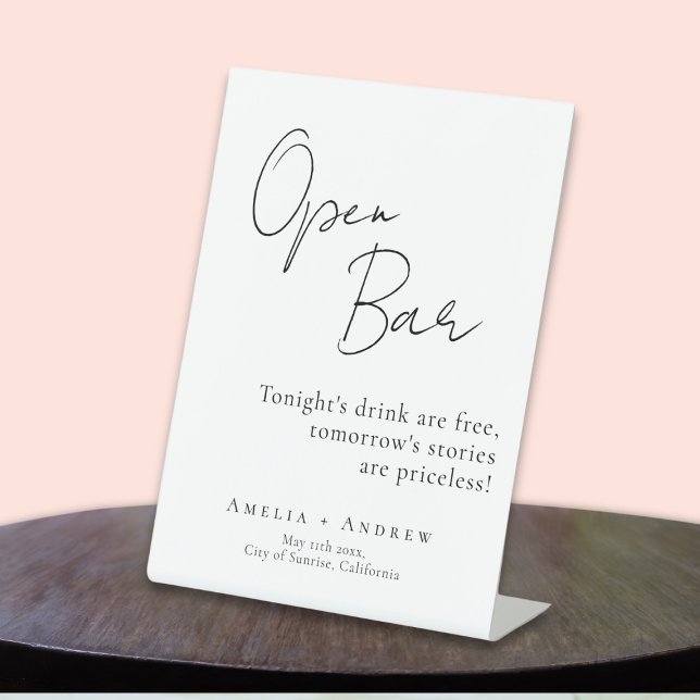 Schwarz-weißes Script Elegant Wedding Open Bar Sockelschild (Von Creator hochgeladen)