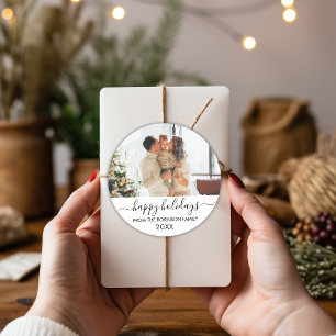 Schwarz-weißes Script Familie Foto Happy Holidays Runder Aufkleber