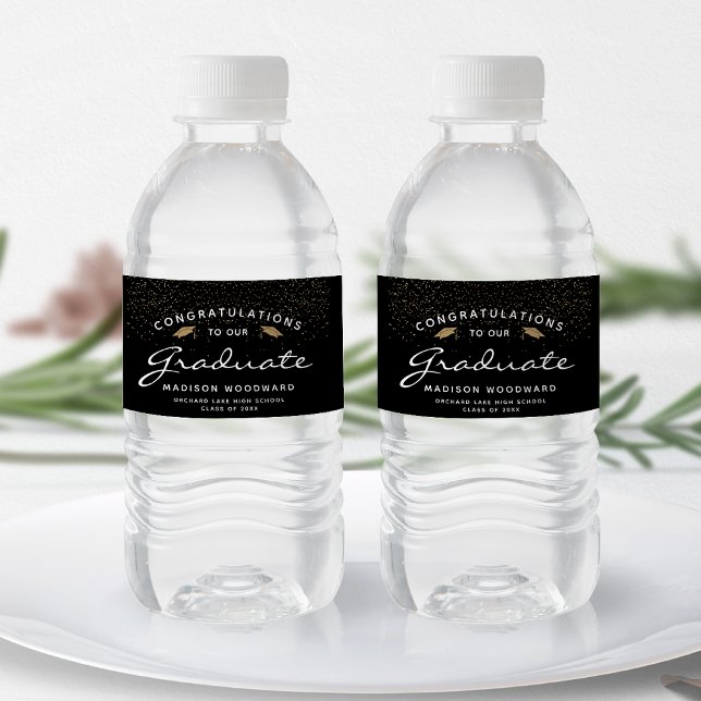 Schwarz-weißes Script-Gold-Cap-Abschluss Wasserflaschenetikett (Von Creator hochgeladen)