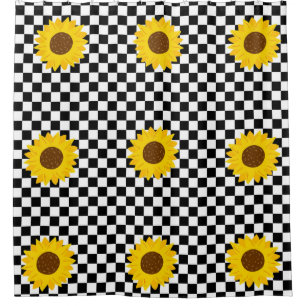 Schwarz-weißes Sonnenblumen-Karo-Blumenmuster Duschvorhang