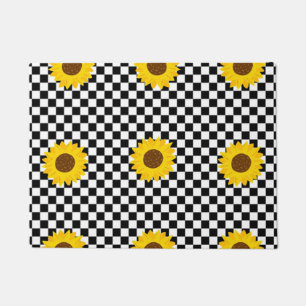 Schwarz-weißes Sonnenblumen-Karo-Blumenmuster Fußmatte
