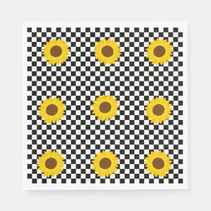 Schwarz-weißes Sonnenblumen-Karo-Blumenmuster Serviette