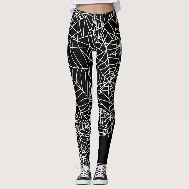 Schwarz-weißes Spinnen-Netz-Halloween-Kostüm Leggings (Vorderseite)