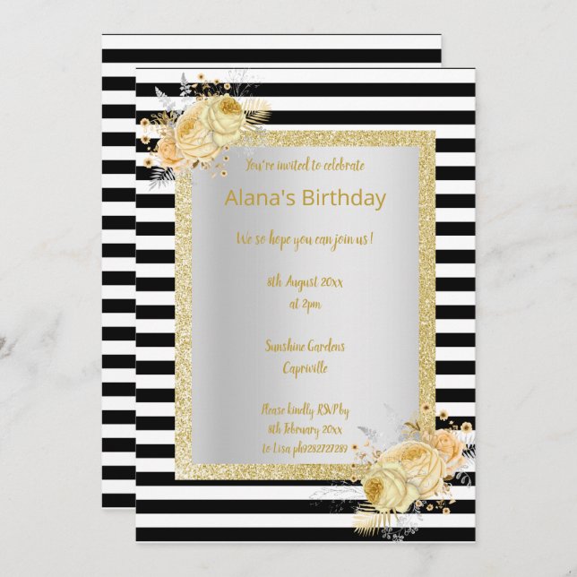 Schwarz-weißes Strip Gold Bouquet Geburtstag Einladung (Vorne/Hinten)