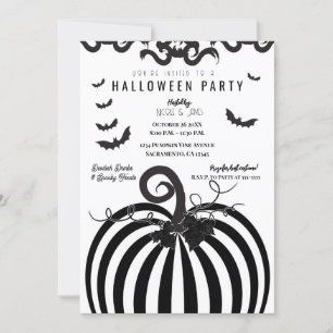 Schwarz-weißes Stripe Pumpkin & Bats Halloween-Par Einladung