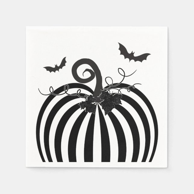 Schwarz-weißes Stripe Pumpkin & Bats Halloween-Par Serviette (Vorderseite)