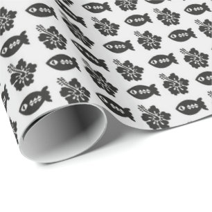 Schwarz-weißes Tiki-Fisch- und Blumenmuster Geschenkpapier