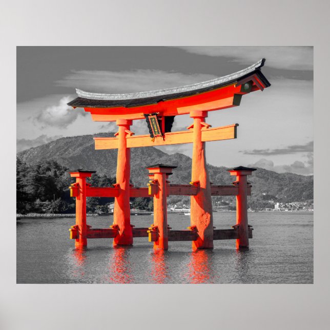 Schwarz-weißes Torii Gate Padoga Japan Picture Poster (Vorne)