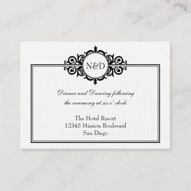 Schwarz-weißes Viktorianisches Hochzeitszentrum Begleitkarte (Vorderseite)